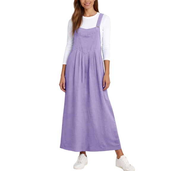 Hurxie Overall Dress for Women Summer A Line Loose Maxi Beach Dresses Adjustable Strap Pinafore Dress with Pockets Purple,XL