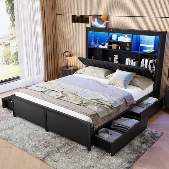 Queen Size Bed Frame with High Storage Headboard and Charging Station, All-Metal Support Bed Frame with LED light and 4 Storage Drawers for Bedroom, Apartment, Mattress not included, Black