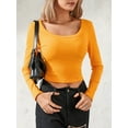 thumbnail image 3 of Women Crop Tops Solid Color Ribbed Scoop Neck Long Sleeve T-Shirts Spring Autumn Slim Fit Bottoming Shirts, 3 of 6