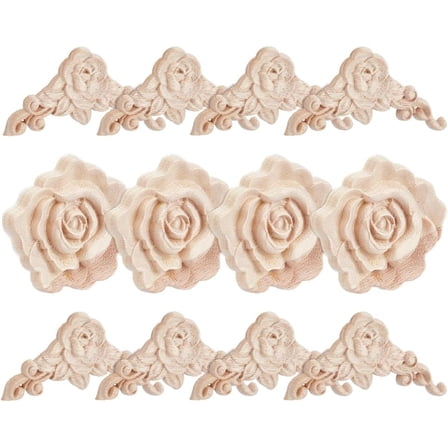 12Pcs 2 Style Wooden Carved Onlay Appliques Rose Carved Wood Appliques Onlays Unpainted Rose Flower Carved Corner Onlay Carved Detail Molding Decal DIY