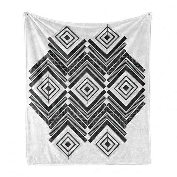 Abstract Soft Flannel Fleece Throw Blanket, Monochrome Lines Triangles Geometrical Arrangement, Cozy Plush for Indoor and Outdoor Use, 70" x 90", Dark Grey and White, by Ambesonne