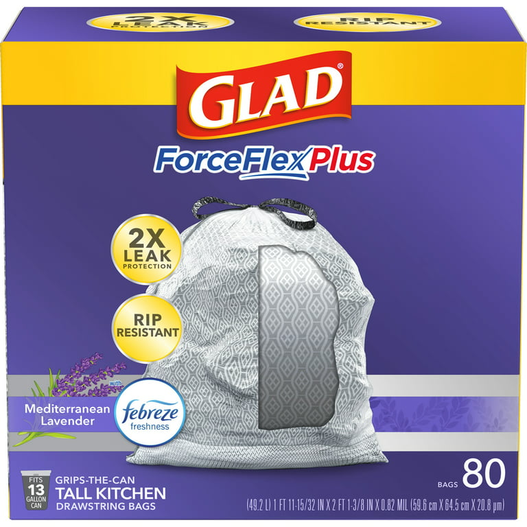 Glad ForceFlexPlus Tall Kitchen Trash Bags, 13 Gallon, 80 Bags  (Mediterranean Lavender Scent, Febreze Freshness)