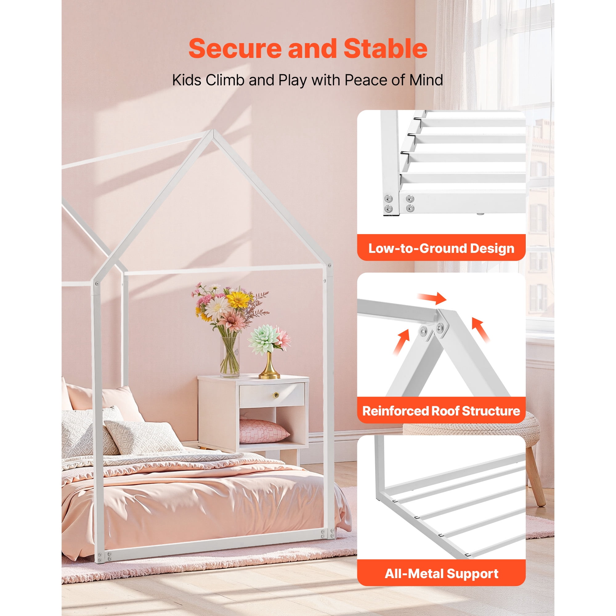 KFFKFF Twin Size Canopy Bed Frame, Kids Floor Bed with Roof Design, Durable Steel Slats Support, House-Shaped Frame for Boys and Girls, No Box Spring Required, Simple Assembly, White