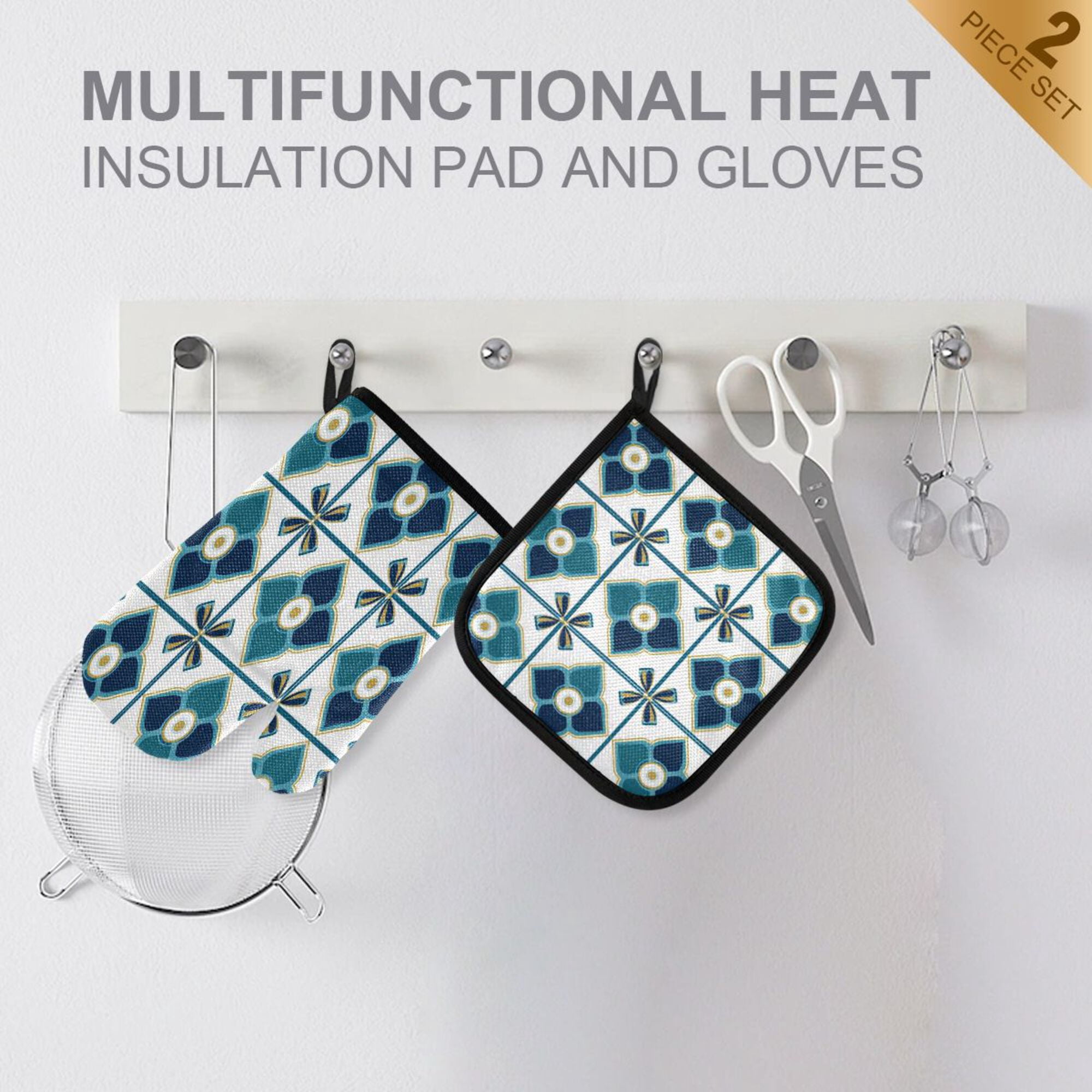 Yayeee Oven Mitts and Pot Holder Set of 2 Heat Resistant Kitchen Gloves Baking Hot Pad, Blue Mosaic Pattern