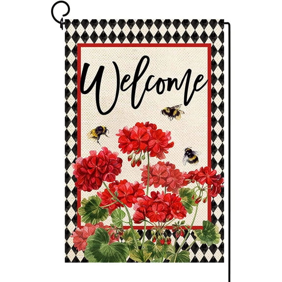 Baccessor Spring Summer Geranium Welcome Garden Flag Double Sided Summer Bee Red Floral Buffalo Plaid Small Burlap Yard Flag House Seasonal Farmhouse Outside Outdoor Decoration 12.5 x 18 Inch