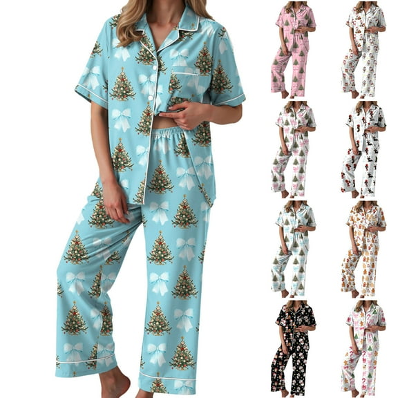 TTUHYWXI Satin Silk Christmas Pajamas Set for Women Xmas Print Long Sleeve Shirts Lounge Set Two Piece Pjs Pants Sleepwear (Hot Pink, M)