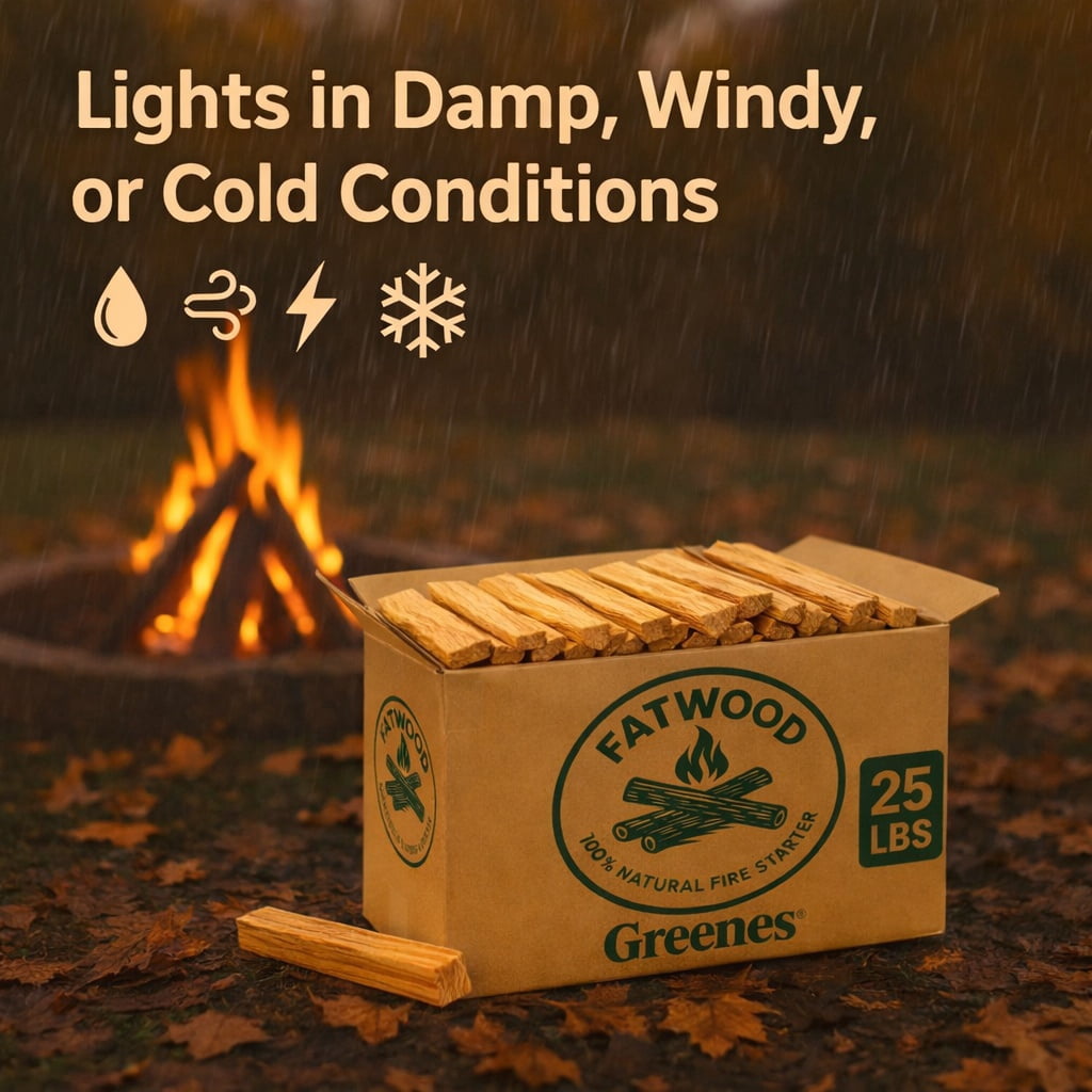 Greenes Fence Fatwood Fire Starter – 25 lb Box – 100% Natural Pine Resin Kindling – Chemical-Free All-Weather Fire Starting Sticks for Fireplaces, Campfires, Wood Stoves & Grills