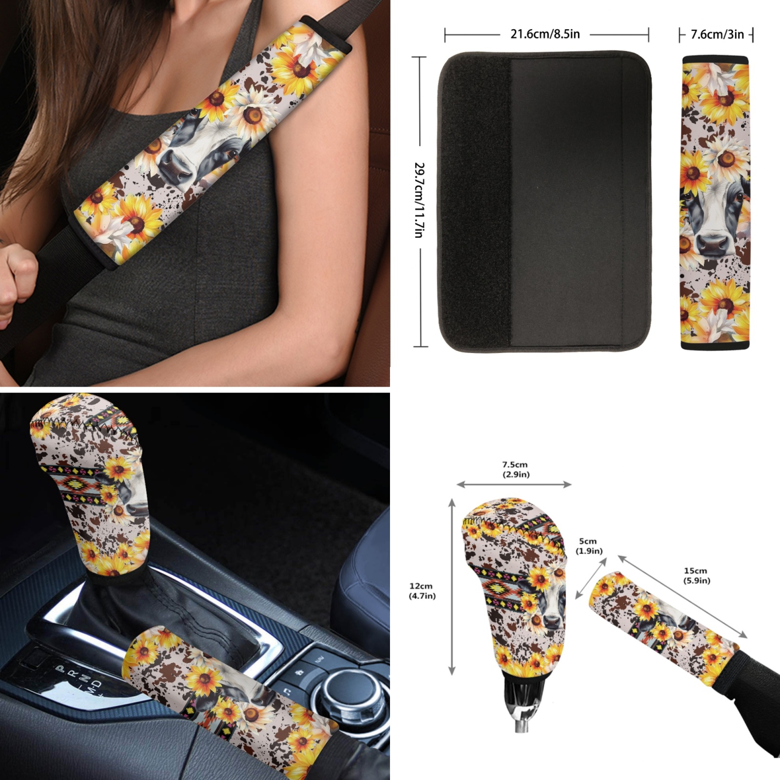 Renewold American Tribal Cow Sunflower Cow Print 12 Pieces Car Seat Cover Auto Steering Wheel Cover, Seat Belt Strap Wrap Cover Armrest Pad Handbrake Cover Gear Shift Cover Cup Holder Coasters