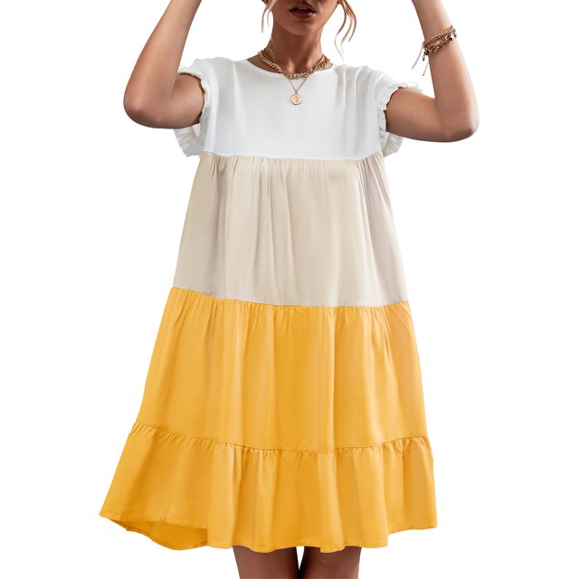 Vestido de empalme de color en contraste Vestido clásico de una pieza con puños con volantes Lavable a máquina para verano Amarillo M