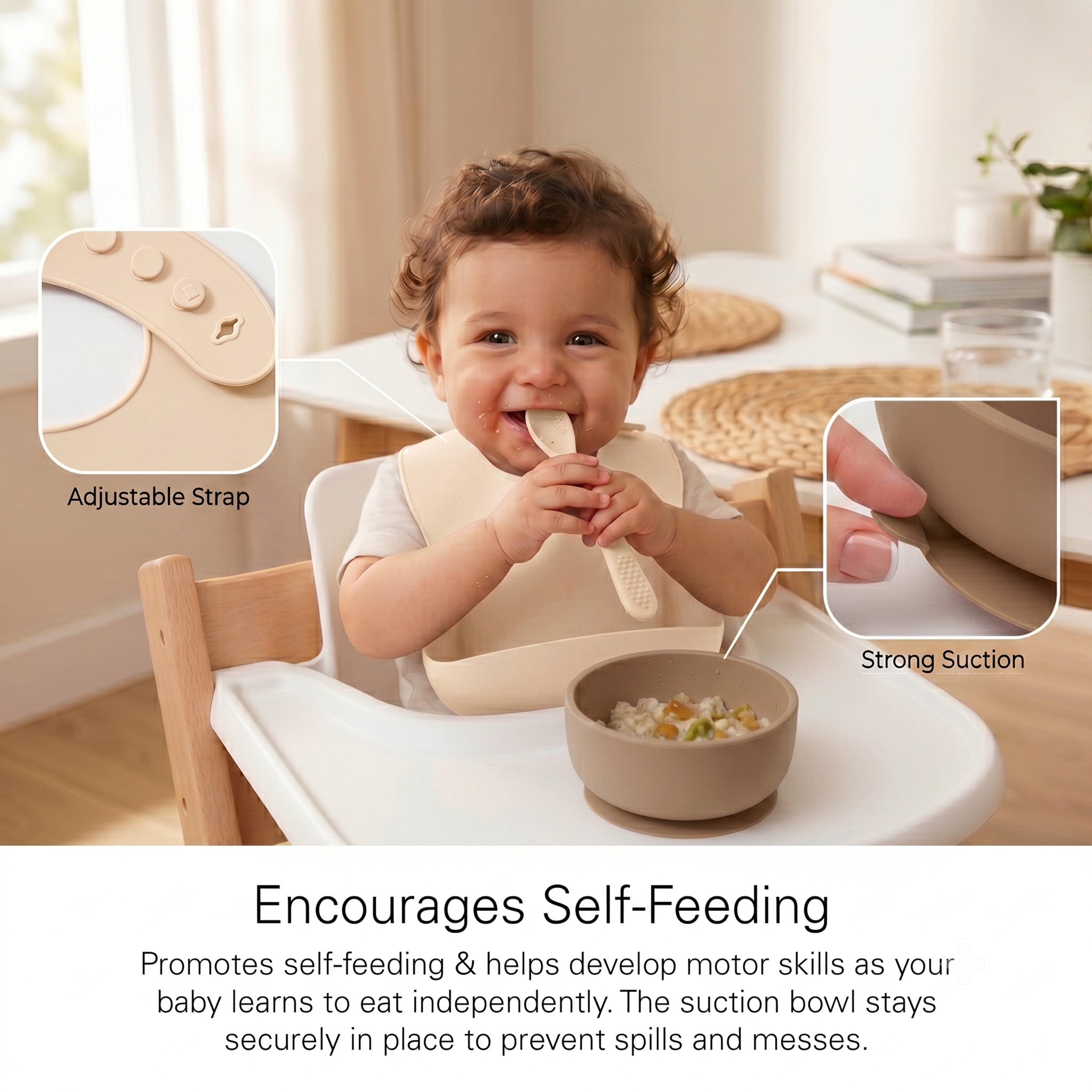 Baby Feeding Set, Silicone Bib, Bowl & Spoons for Self-Feeding First Stage Baby Essentials – Gum Friendly, BPA-Free, Easy to Clean & Safe for Babies, Tan