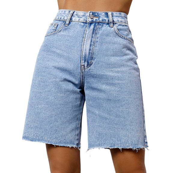 Stralyhd Womens Jean Shorts High Rise Denim Shorts Stretchy Bermuda Pull on Button Waist Summer Casual Short with Pockets Sky Blue S