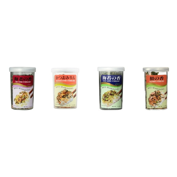 Ajishima JFC Rice Seasoning Fumi Furikake 4 Flavor Mixed Bundle (EBI,Katsuo,Nori Komi,Salmon) Plus NineChef Brand Long Handle Coffee Spoon