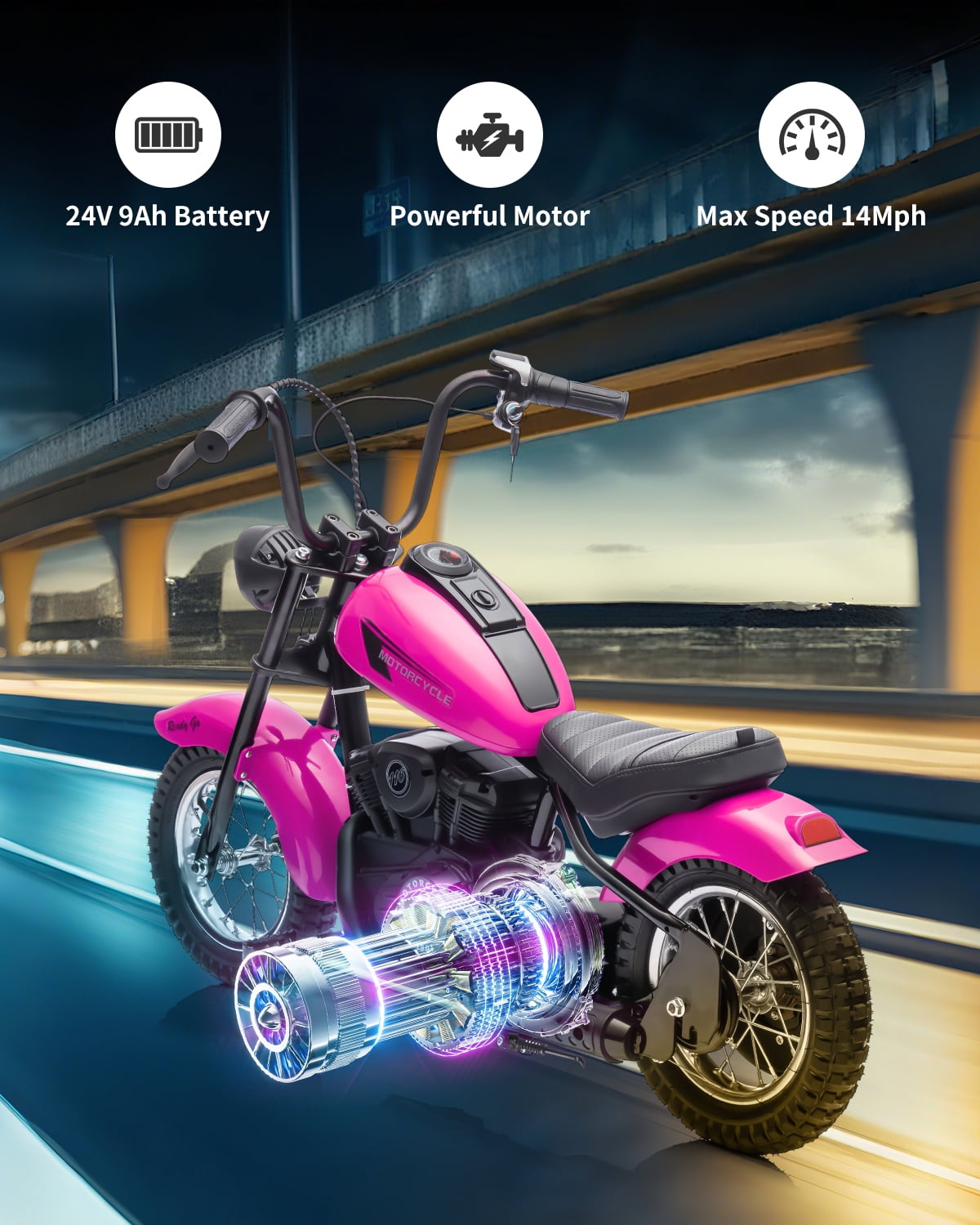 24V Electric Dirt Bike for Kids, 2 Speed Max Up to 14 Mph & 60 Minutes Continuous Electric Motorcycle with Led Lights, Leather Seat, Handbrake for Big Kids Teen, Ideal Christmas Gifts