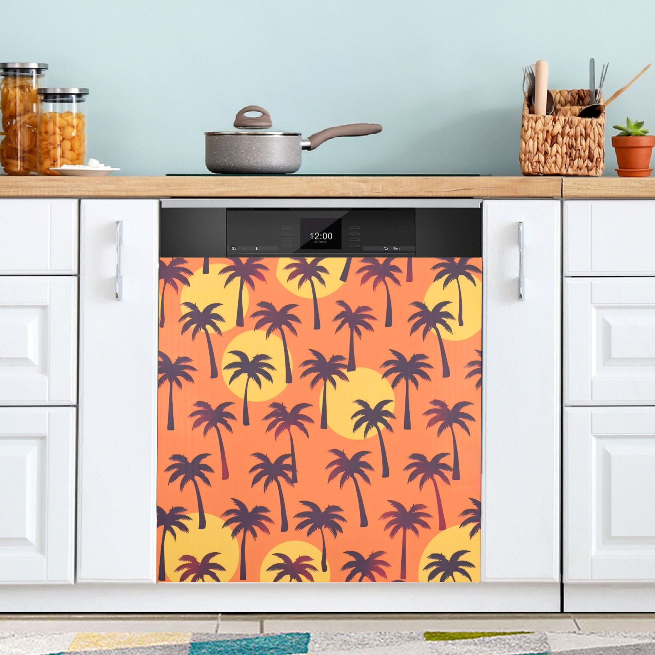 Dishwasher Magnetic Sticker 23x26 Inch Refrigerator Magnetic Sticker Washing Machine Magnetic Sticker Kitchen Panel Magnetic Sticker Home Decor Orange Sunset Coconut Tree