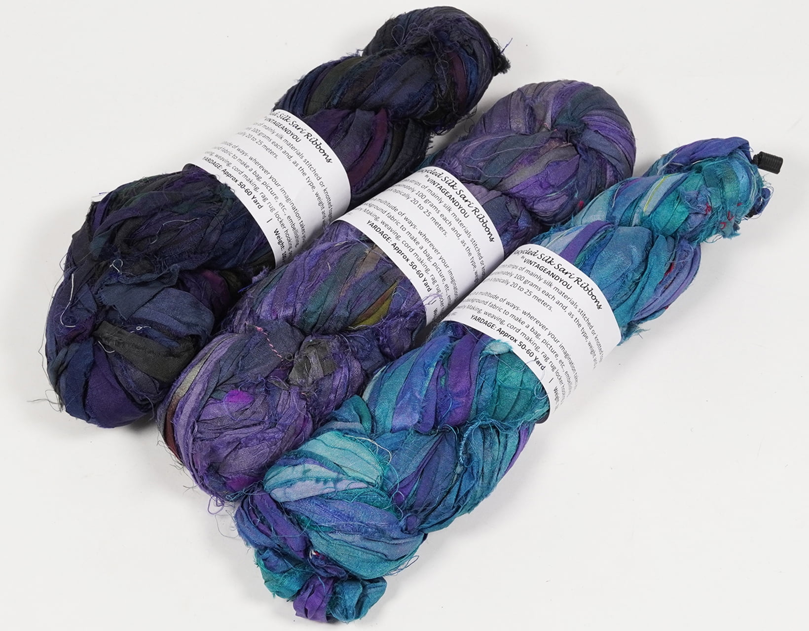 Vintageandyou Artisan Recycled Sari Silk Ribbon Yarn - 300g (3 x 100g Skeins) | Handmade Upcycled Silk Strips for Crochet, Macram, Weaving, Rug Hooking & Mixed Media Crafts | Blue
