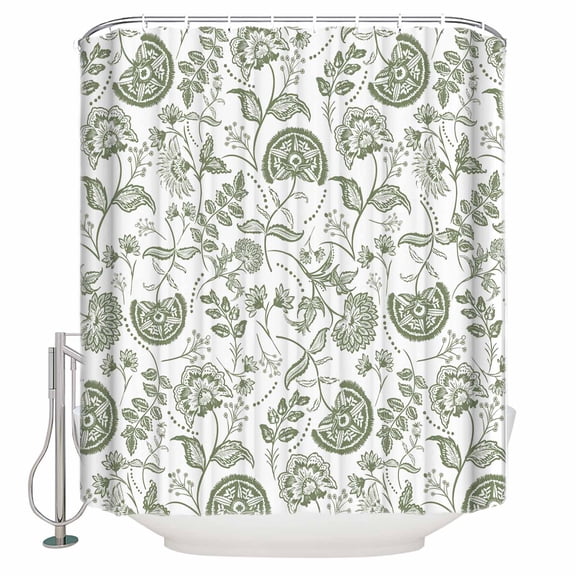 Boho Sage Green Floral Bathroom Shower Curtains with 12 Hooks Polyester Waterproof Shower Curtain for Stalls and Bathtubs Vintage Farmhouse Paisley Plant Decorative Bathroom Curtain 36x72 Inches