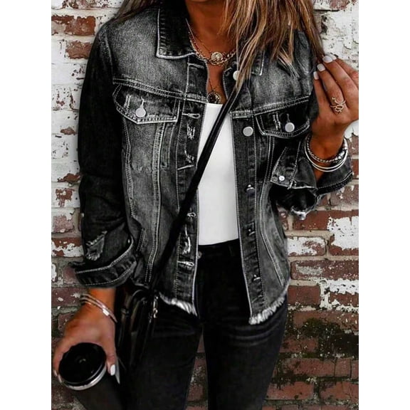 Women's Distressed Washed Denim Jacket, Long Sleeve Casual Jean Jacket for Spring Autumn Daily Wear