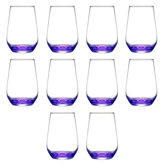10 Vaso Silicia Stemless Wine Glasses Set, 16 oz. - Clear, Orb-Like, Thick base - Purple