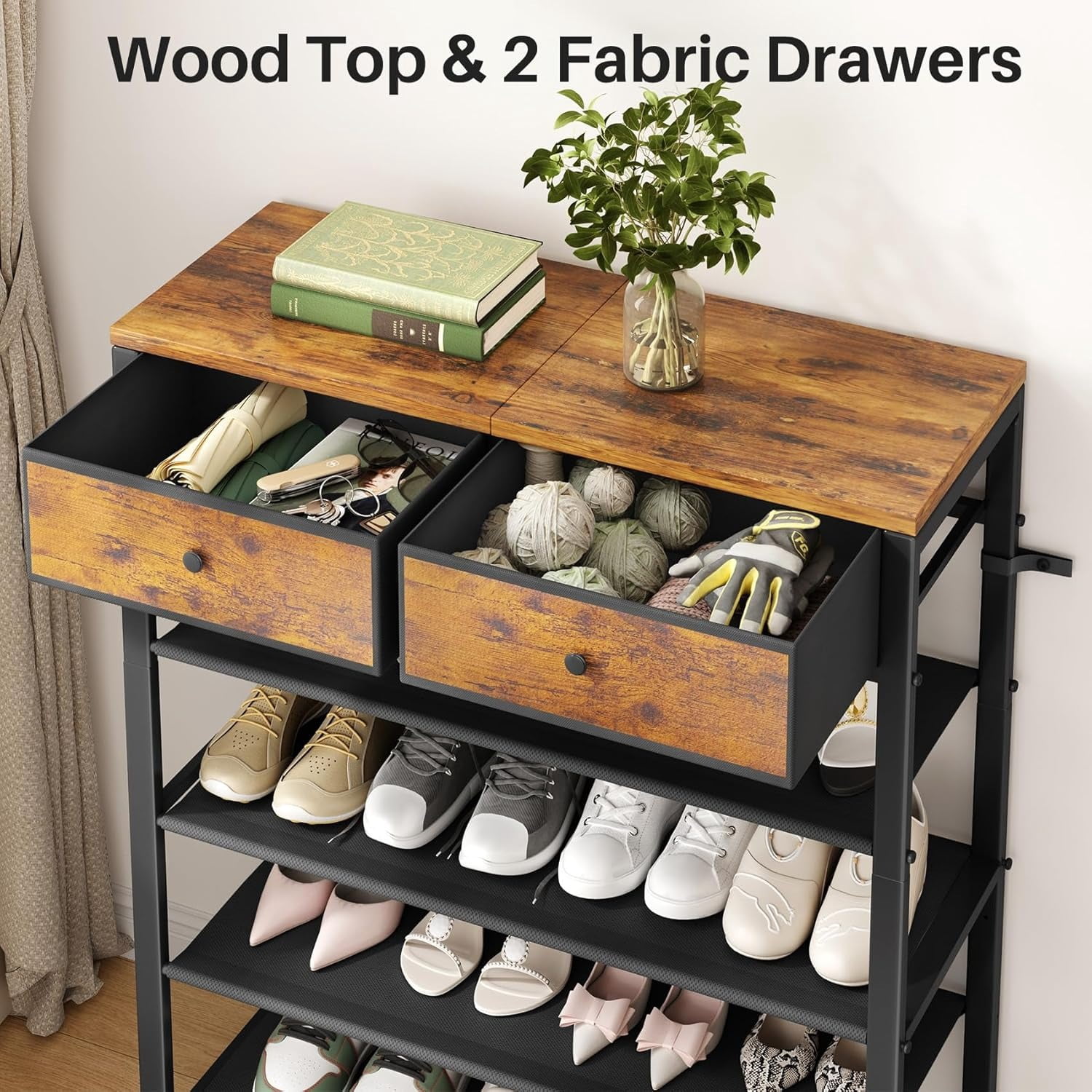 Shoe Rack, 5 Tier Shoe Organizer for 12-16 Pairs of Shoes, with 2 Drawers, 3 Fabric Shelves and Wooden Top, Shoe Rack for Closet Entryway, Rustic Brown