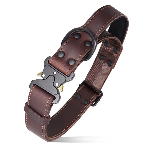 Pet Artist Genuine Leather Large Dog Collars Adjustable with Handle Heavy Duty Buckle