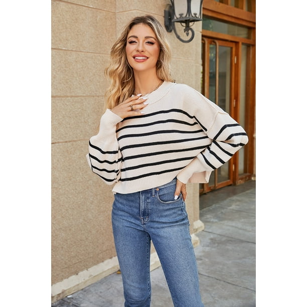 Suéter de invierno para mujer, estilo casual, manga larga, cuello redondo, suelto, punto grueso, blusawhiteL
