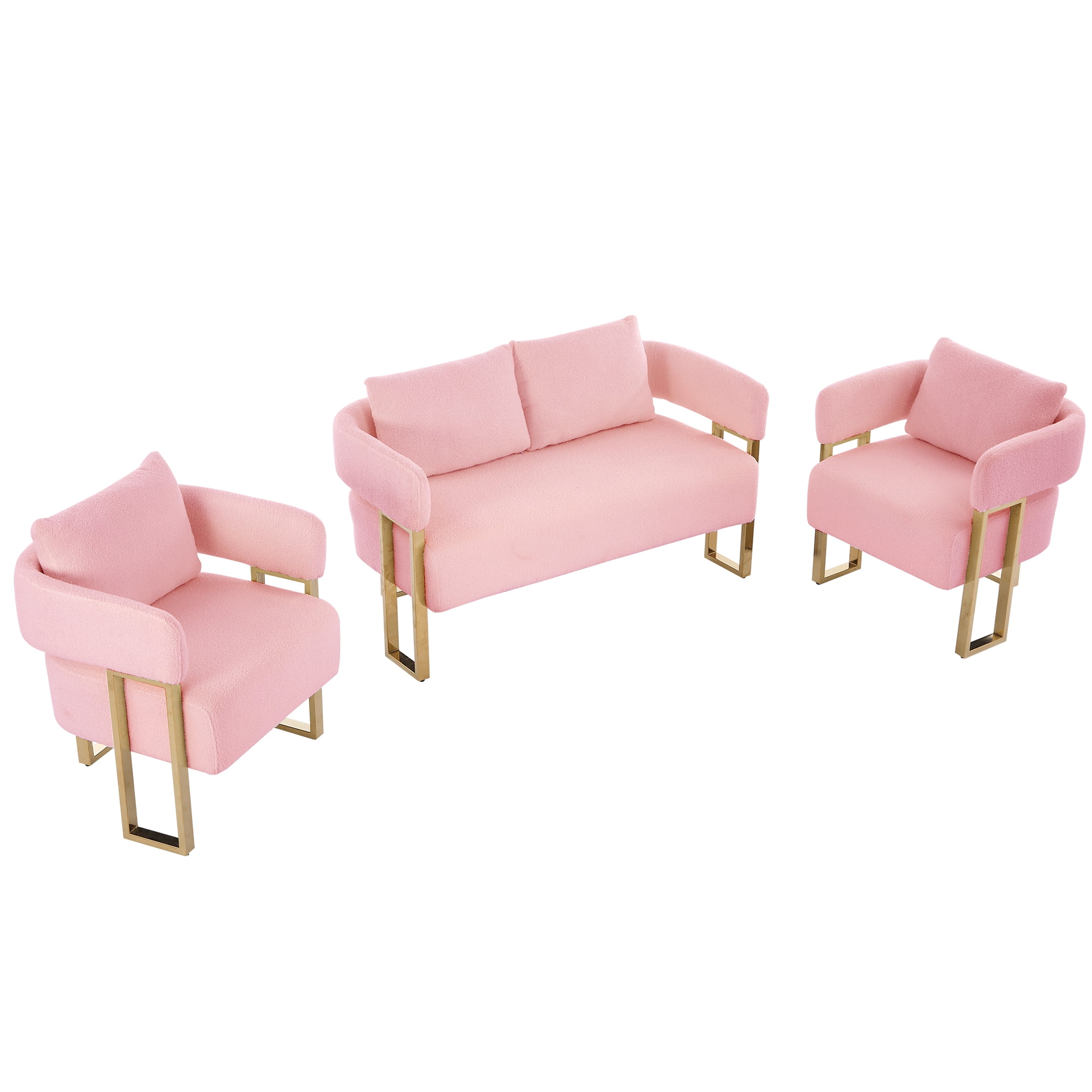 Modern Decorative Chair with Gold Metal Legs Pink Teddy Fleece Upholstered Living Room Side Chair for Dressing Area Reception Room Office