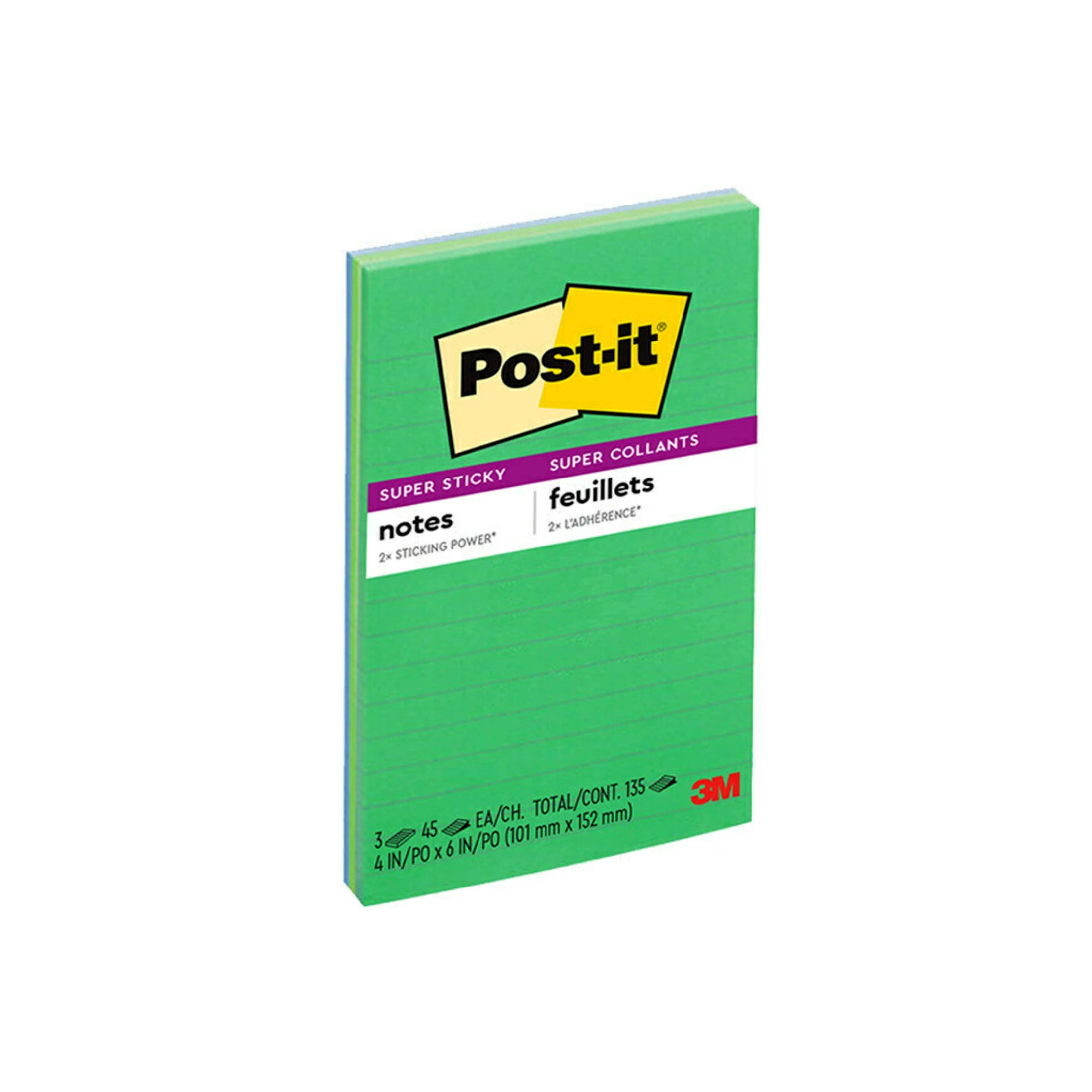 Post-it Super Sticky Notes, Lined, 4" x 6", Assorted Greens and Blues, 3 Pads