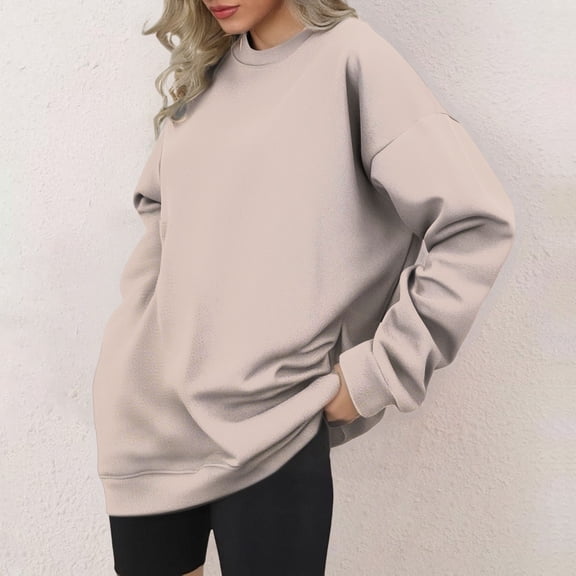 Women's Solid Color Crewneck Sweatshirt, Soft Long Sleeve Pullover Top for Fall Winter, Casual Comfortable Daily Wear Loungewear, All Season Basic Wardrobe Essential for Women Beige L