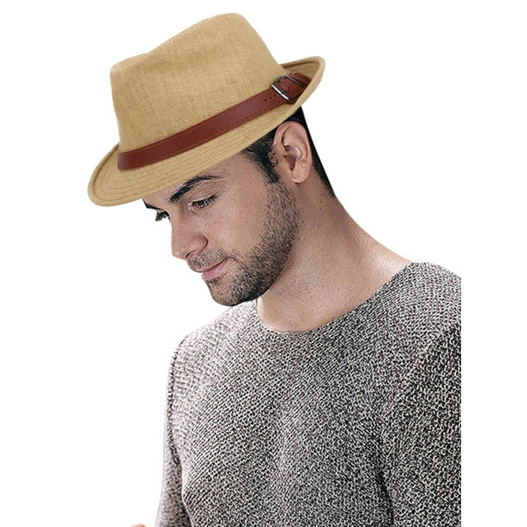 BASILICA Panama Style Trilby Fedora Straw Sun Hat with Leather Belt,White  L-XL 