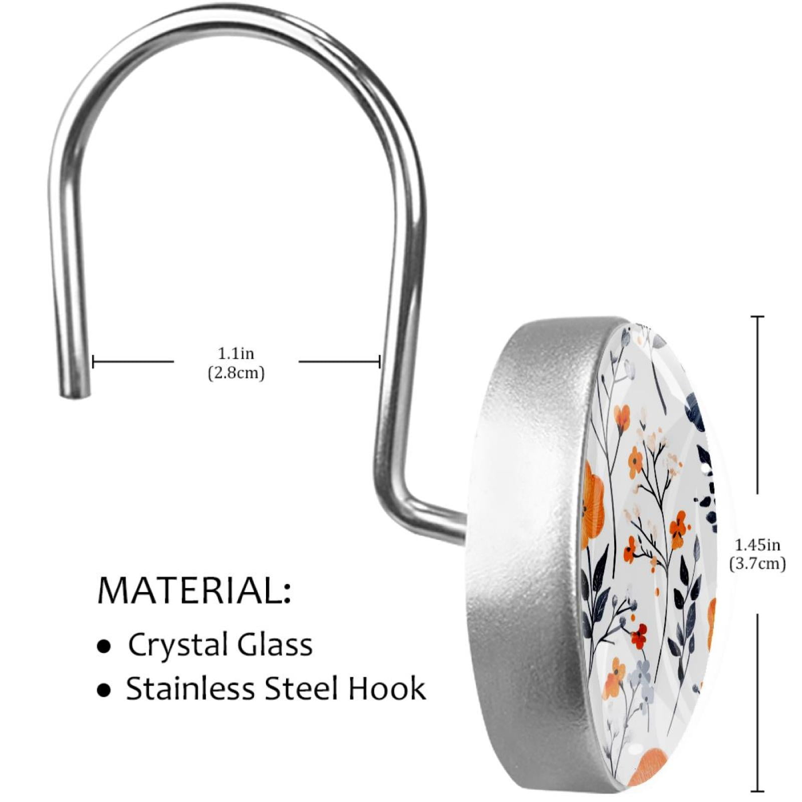 Hibiscus Flower Patterns Shower Curtain Hooks Round Crystal Glass, Set of 12 Shower Curtain Rings - Shower Hooks for Curtain Shower Rings