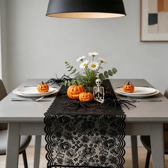 Gqtwoy Black Floral Lace Table Runner, Vintage Halloween Decor, Semi-Sheer Polyester, Elegant Dining Table Accessory, Exquisite Fringed Edge Design, French Inspired Table Decoration