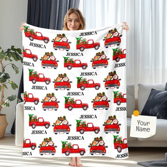 Custom Blanket with Name and personalized Blanket with Patterns of Christmas Cars, Santa Claus and children (for Christmas), customized flannel Throw Blanket