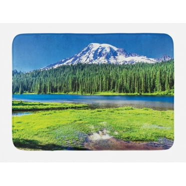 Mt Rainier Bath Mat, Dense Forest and Lake with Grass in Clear Daytime Colors Snowy Mountain Photo, Plush Bathroom Decor Mat with Non Slip Backing, 29.5" X 17.5", Multicolor, by Ambesonne