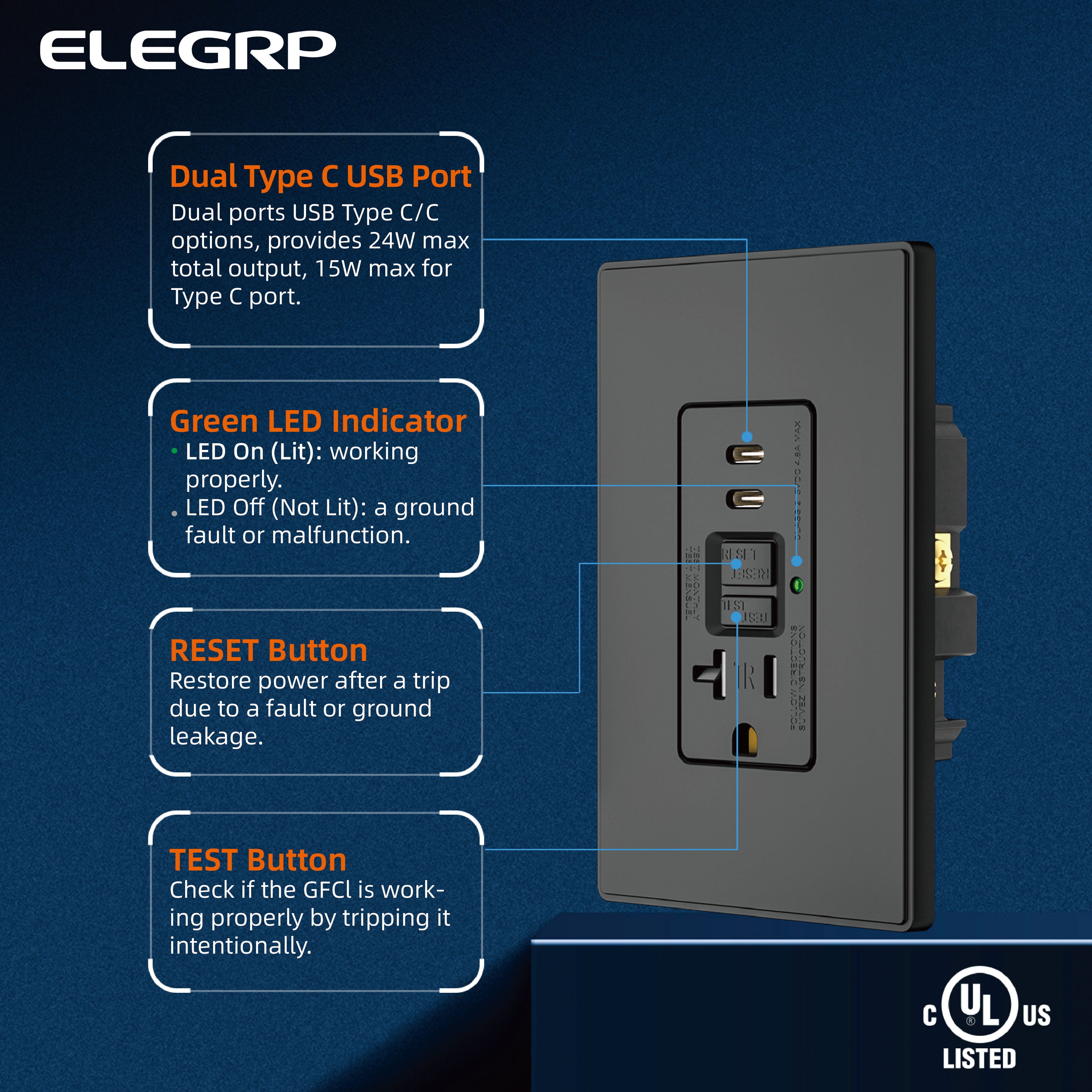 ELEGRP 20 Amp Tamper Resistant Self-Test GFCI Outlet & 24W In-Wall USB Charger combo Receptacle, Dual Type C, Midsize Screwless Wall Plate included, UL & CUL Listed, Black, 1 pack