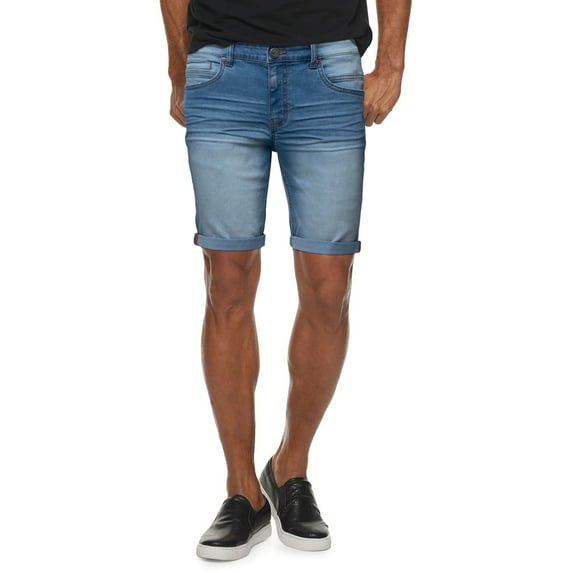X RAY Men's Rolled Up Denim Shorts, Stretch Slim Skinny Fit, Distressed, Ripped, Bermuda Jeans Short, Light Blue - Heavy Stitch Details, Size 38