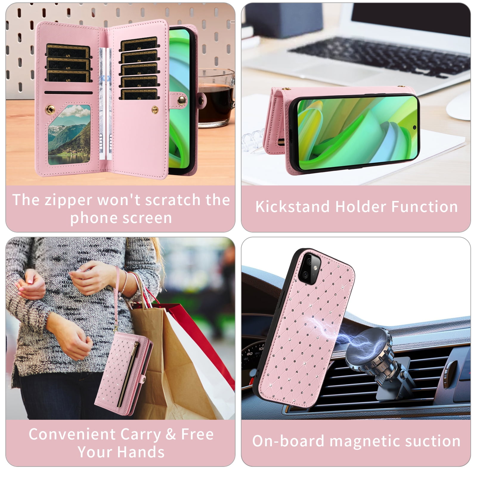 Asuwish Phone Case for Motorola Moto G Power 5G 2023 Zipper Wallet Detachable Cell Cover with Tempered Glass Screen Protector Crossbody Lanyard Strap Glitter Flip Card Holder Slot GPower Women Pink