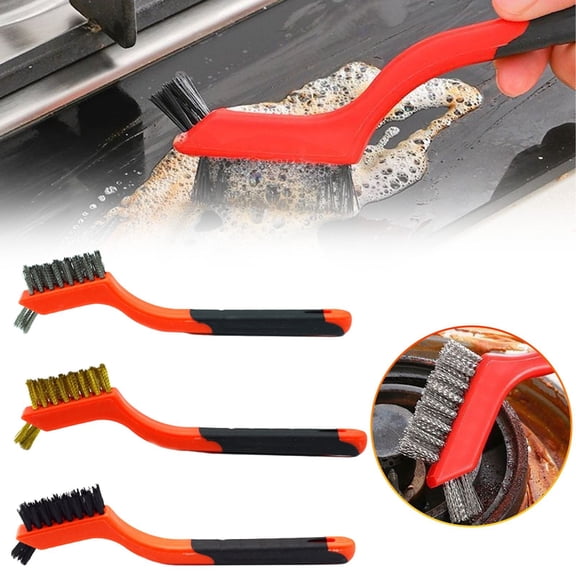 3 PCS Wire Brush Set with Scraper,Heavy Duty Nylon/Brass/Stainless Steel Brushes for Cleaning Rust,Paint, Welding Slag, Stove,Tile & Metal Surfaces,7in Red Handle Gifts for People With DIY projects