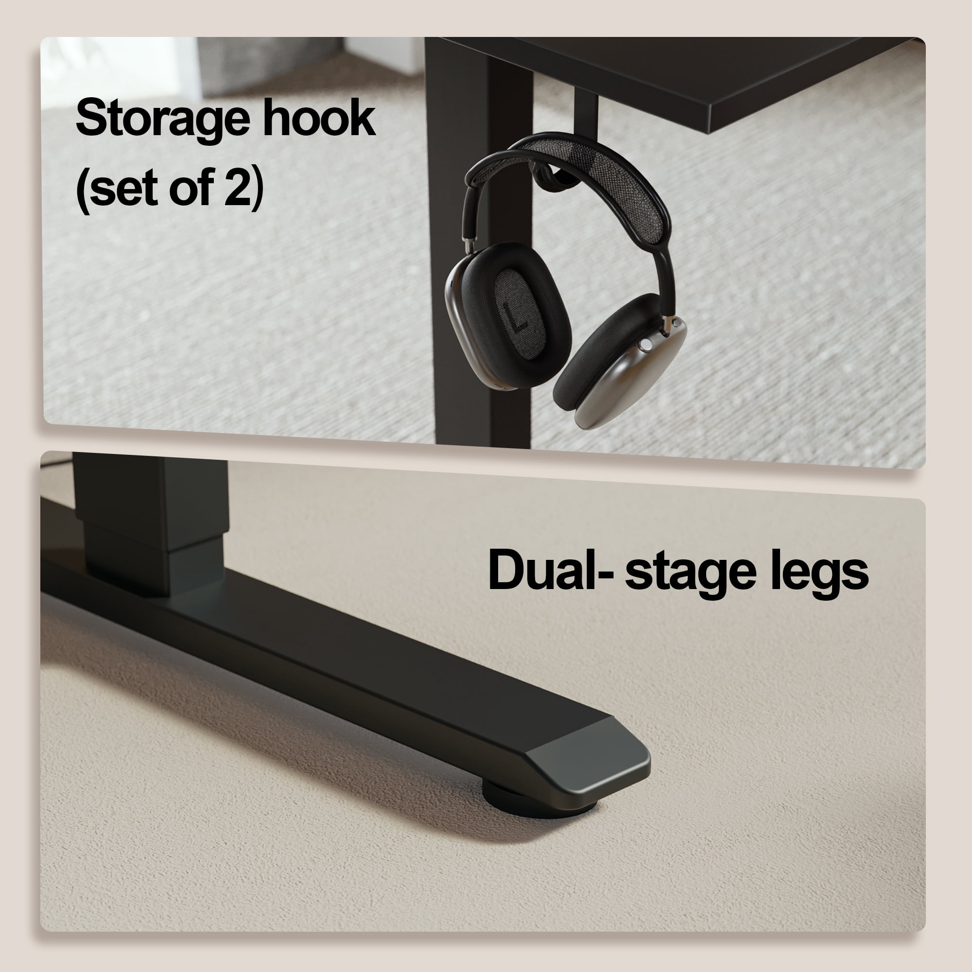 47.2 Inch Electric Height Adjustable Standing Desk, Ergonomic Home Office Desk with Memory Preset, Sit to Stand Computer Desk with Hooks, Black