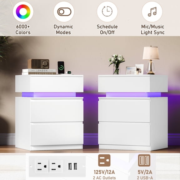 Homfa Nightstand Set of 2 with 3 Drawers & Charge Station, Modern LED Sofa Side End Table for Living Room,Wood Bedside Table Night Stand for Bedroom, White