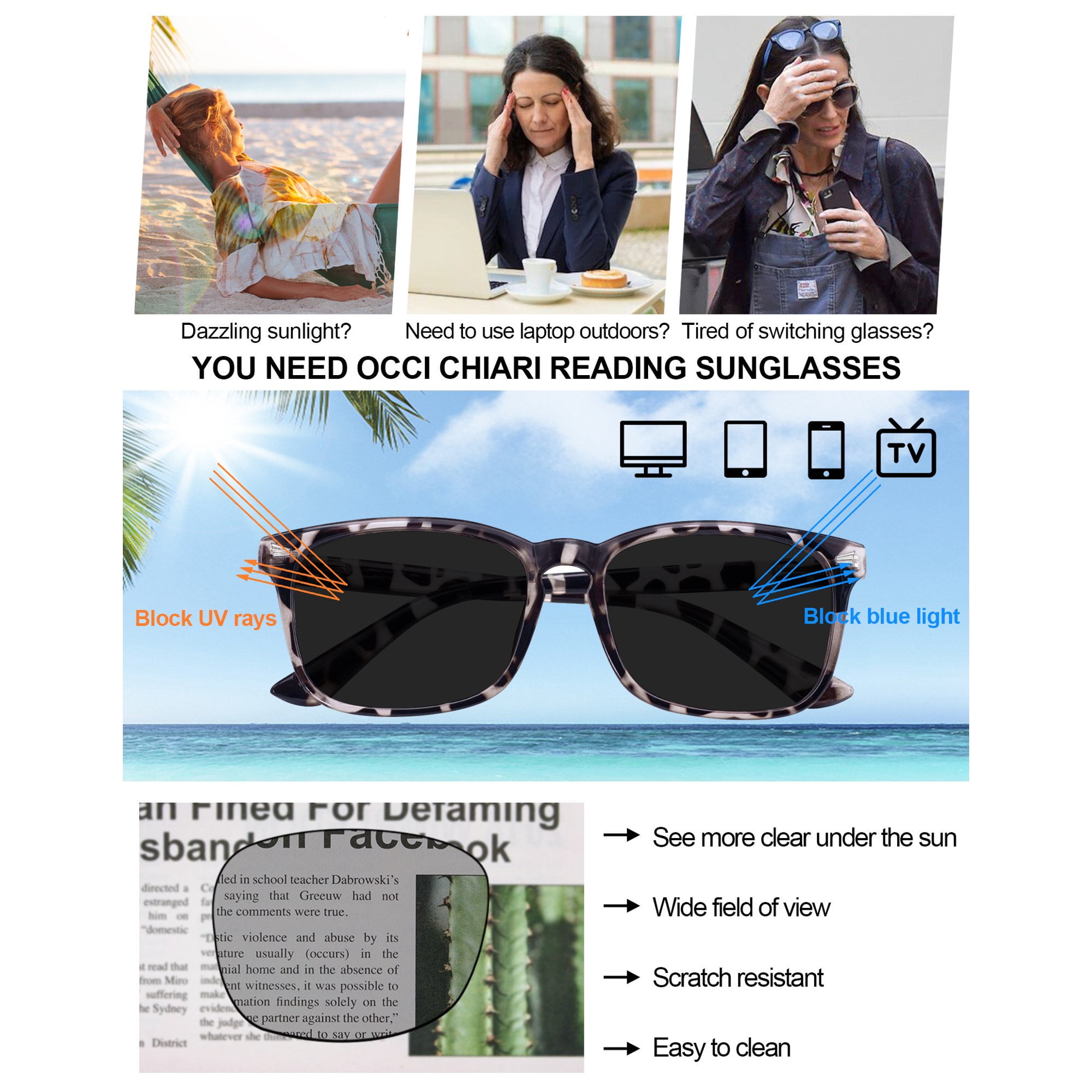 OCCI CHIARI 1.50 Reading Sunglasses Women Trendy Reader Sun Glasses 1.0 1.25 1.5 1.75 2.0 2.25 2.5 2.75 3.0 3.5 4.0 5.0 6.0 (Tortoise)UV401 Protection Anti Blue Light Outdoors Arylic Lens