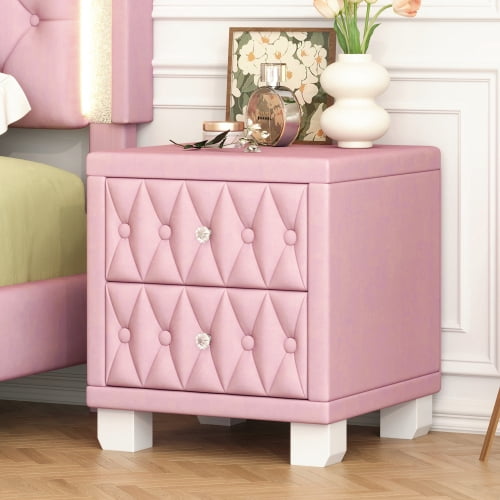 Elegant Velvet Nightstand with 2 Drawers and Crystal Knobs, Button-Tufted Storage Bedside Table, Pink