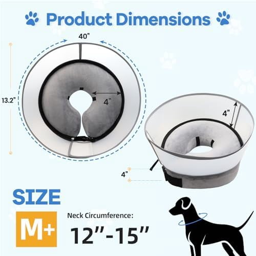 2-in-1 Upgraded Inflatable Dog Cone Collar with Detachable Anti-Licking Shield, Soft Adjustable Elizabethan Collar for Dogs After Surgery (M+, Grey)
