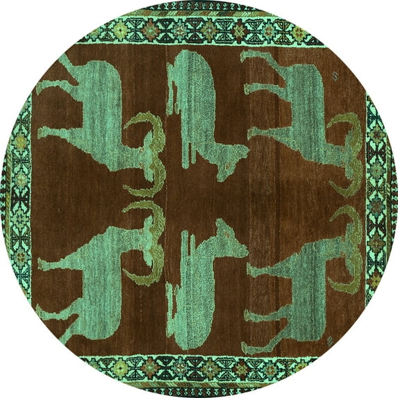 Ahgly Company Machine Washable Indoor Round Persian Turquoise Blue Traditional Area Rugs, 8' Round