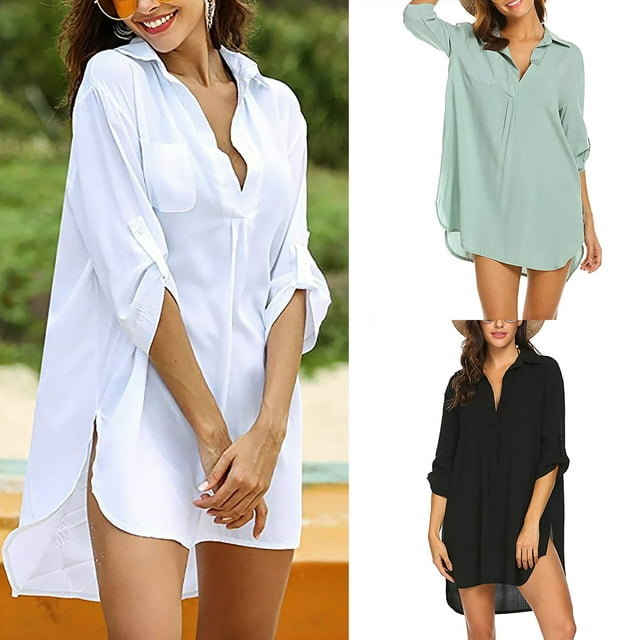 Gspmoly Robes d'Été pour Femmes, Robe Chemise de Plage à Col en V Uni à Manches Trois-Quarts avec Protection Solaire pour Femmes, Robes Habillées pour Femmes en Liquidation