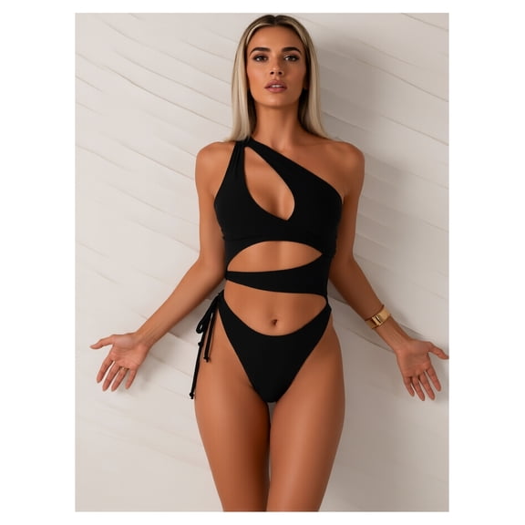One Shoulder Swimsuit Women Asymmetrical Cutout Bathing Suit - Black High Stretch Nylon One Piece Swimwear with Removable Pads, Summer Beach Pool