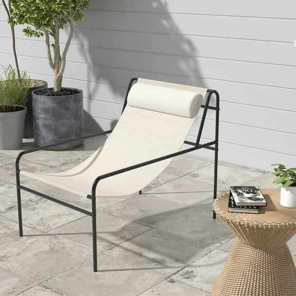 Gymax Modern Patio Sling Chair, Metal Frame with Removable Headrest, Beige