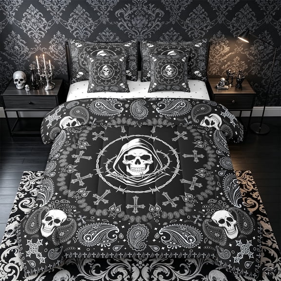 Castle Fairy Halloween Skull 7-Piece Twin Bedding,Hippie Paisley Cross Thorn Frame Pattern Bedding Comforter Set,Black White,Reversible