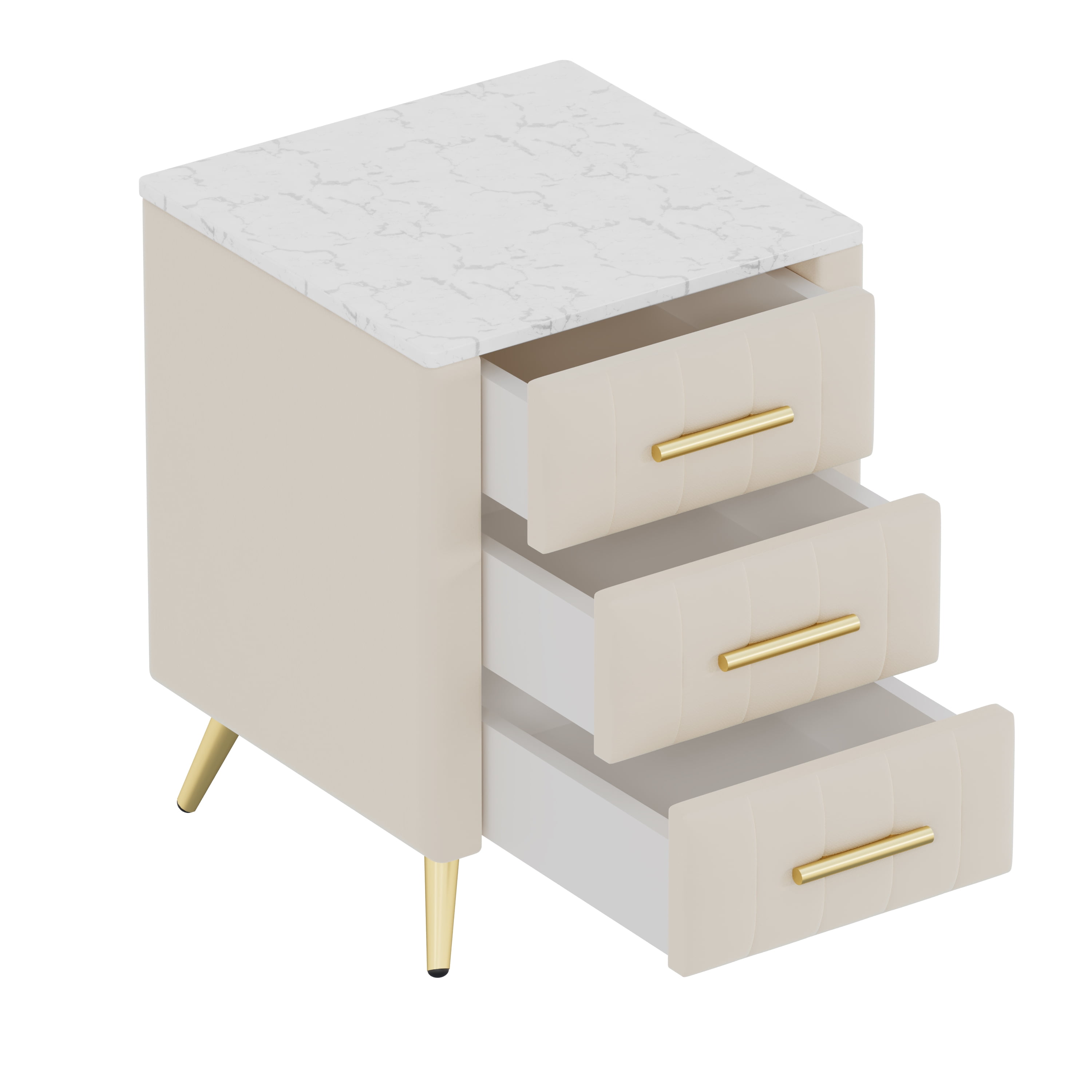 Velvet Upholstered Nightstand with 3 Drawers, Marble Effect Tabletop, Metal Legs & Handles, Plywood Bedside End Table for Bedroom Living Room Nursery, 16.3"×16.3"×21.8"