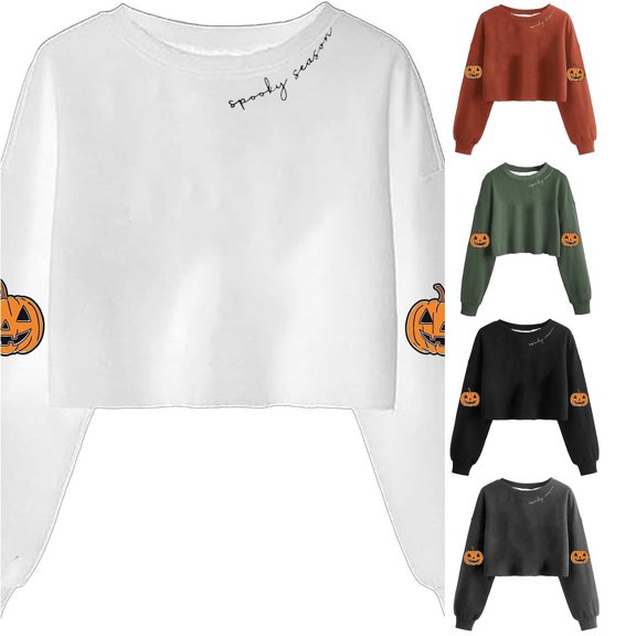 Women's Witch Crop Sweatshirt Halloween Graphic Long Sleeve Pullover for Seasonal Comfort and Weekend Style White M
