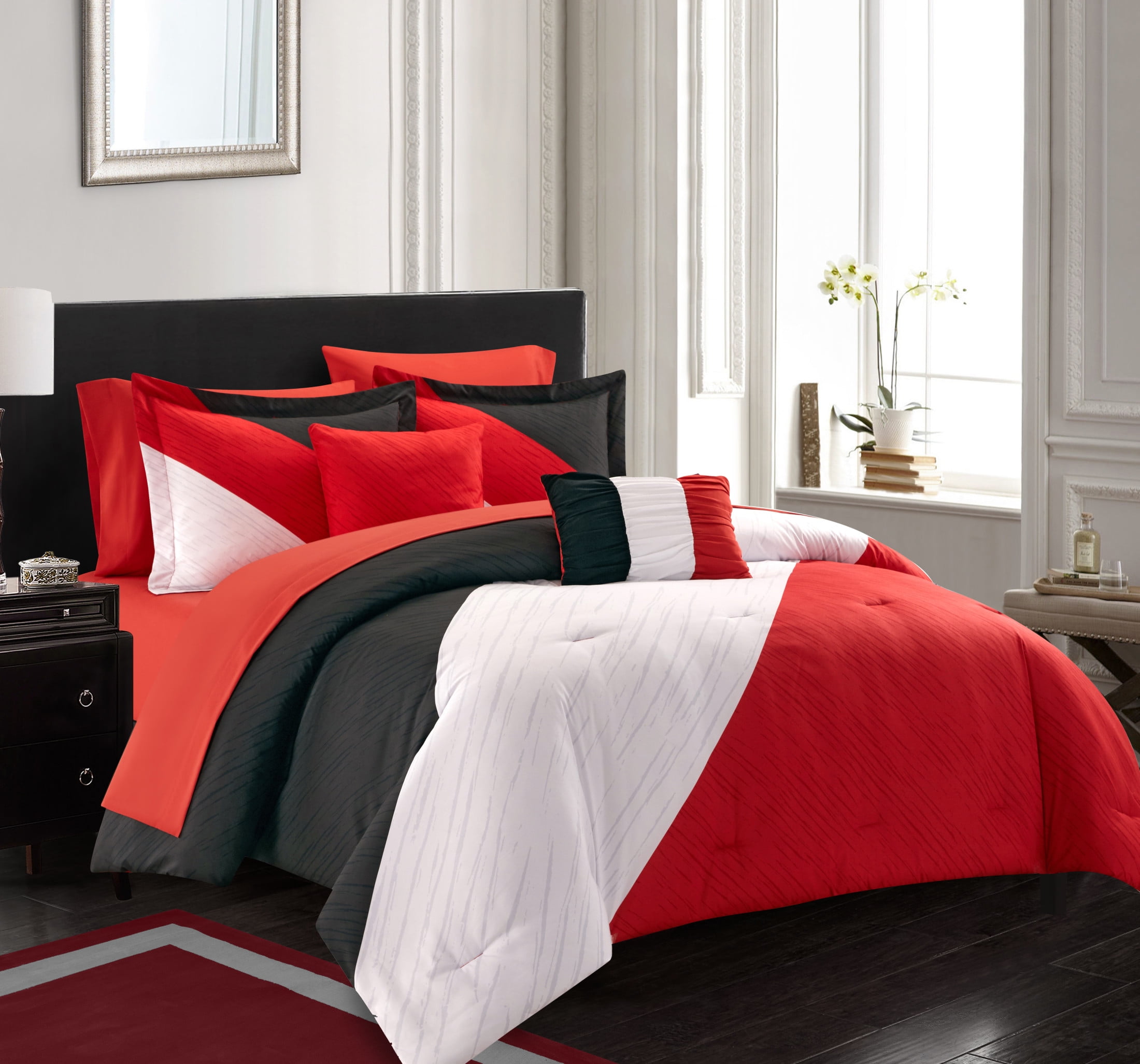 Chic Home Naomé 7-Piece Color Block Comforter Set, Twin, Red